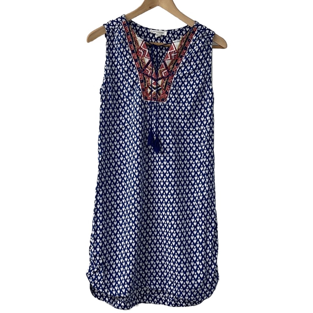 Beachlunchlounge XS V-Neck Tie Front Sleeveless Boho Blue White Tank Mini Dress
